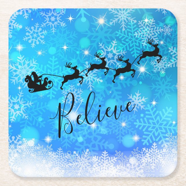 Santa Claus and his Flying Reindeer - Believe Square Paper Coaster (Front)