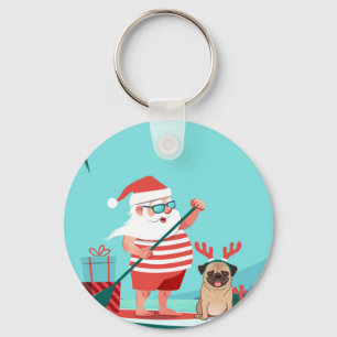 Santa Claus and His Pug on a Surfboard Key Ring