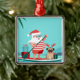 Santa Claus and His Pug on a Surfboard Metal Ornament