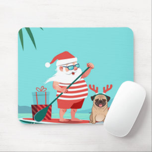 Santa Claus and His Pug on a Surfboard Mouse Pad