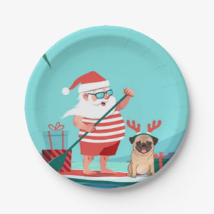 Santa Claus and His Pug on a Surfboard Paper Plate