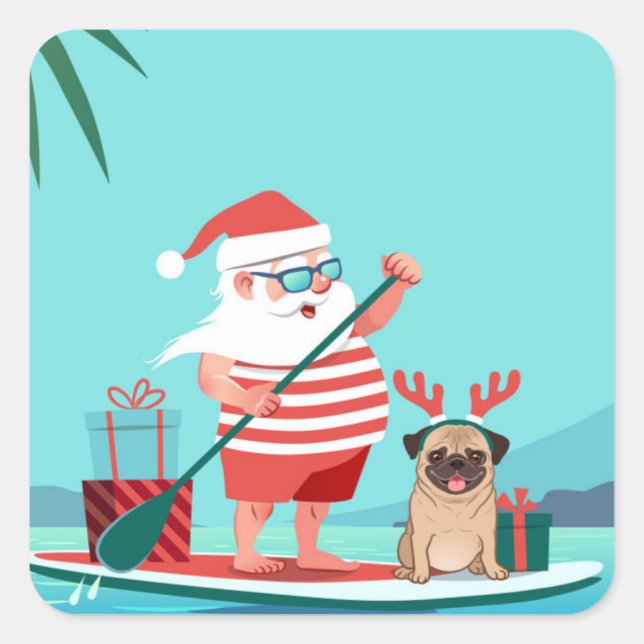 Santa Claus and His Pug on a Surfboard Square Sticker (Front)