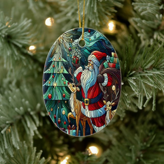 Santa Claus and His Reindeer Bearing Gifts Ceramic Ornament (Tree)