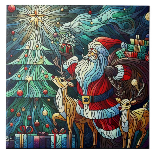 Santa Claus and His Reindeer Bearing Gifts Ceramic Tile (Front)