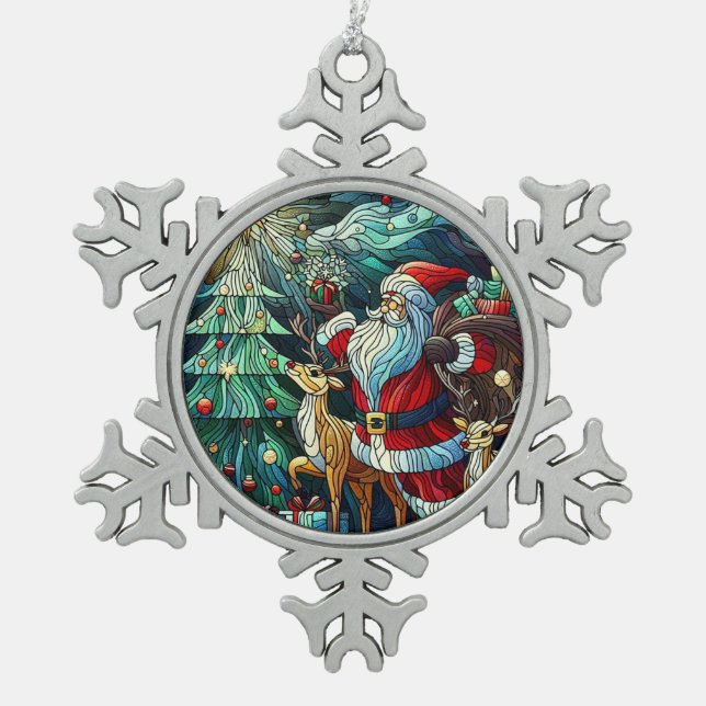 Santa Claus and His Reindeer Bearing Gifts Snowflake Pewter Christmas Ornament (Front)