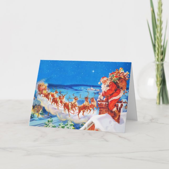 Santa Claus and his Reindeer Up on the Rooftop Holiday Card (Front)