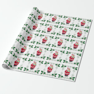 Santa Claus and Holly Christmas Holiday Wrapping Paper
