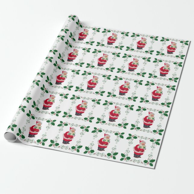 Santa Claus and Holly Christmas Holiday Wrapping Paper (Unrolled)