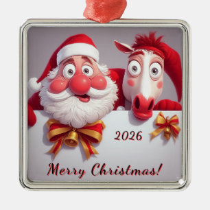 Santa Claus and Horse Sharing Festive Cheer Metal Ornament