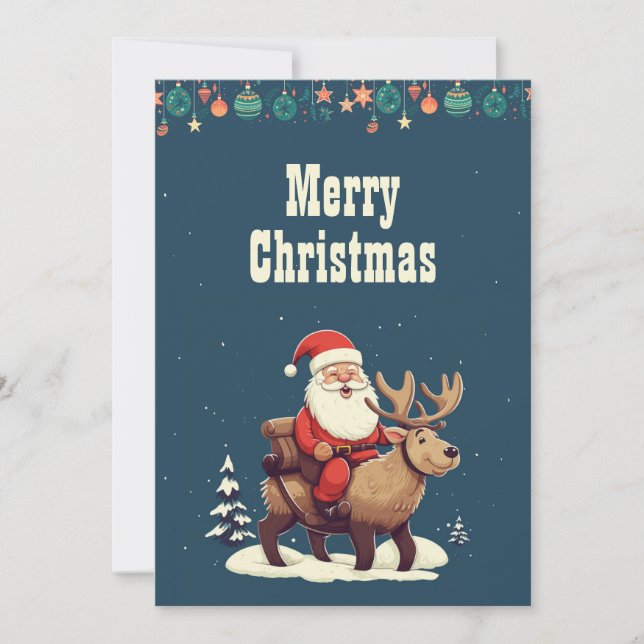Santa Claus and Moose Cartoon Illustration Holiday Card (Front)