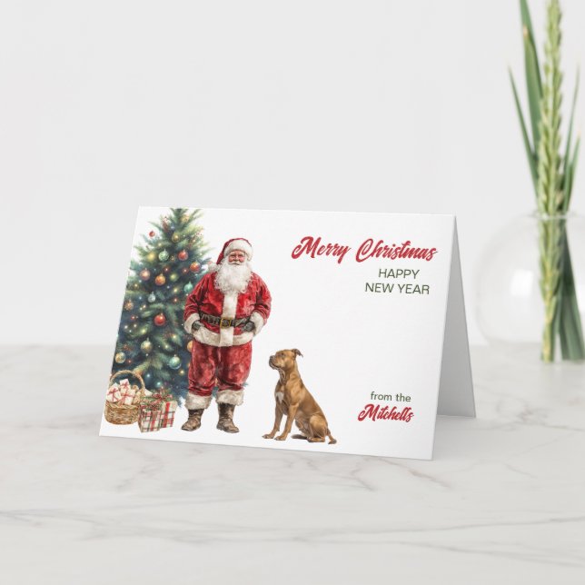 Santa Claus and Pit Bull Terrier Dog Christmas Holiday Card (Front)