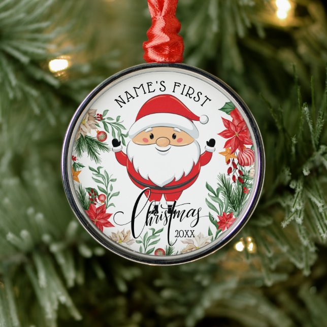 Santa Claus and Poinsettia Baby's First Christmas Metal Ornament (Tree)