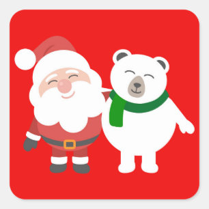 Santa Claus and Polar Bear Cartoon Square Sticker
