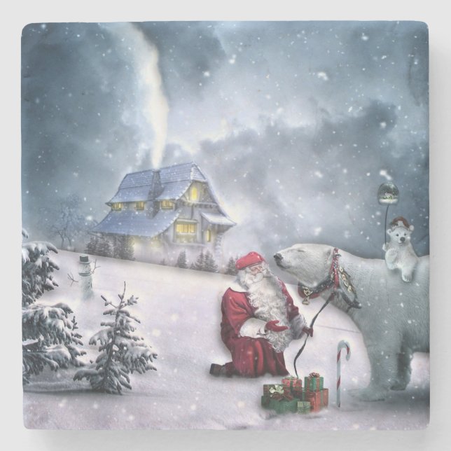 Santa Claus and Polar Bear Stone Coaster (Front)