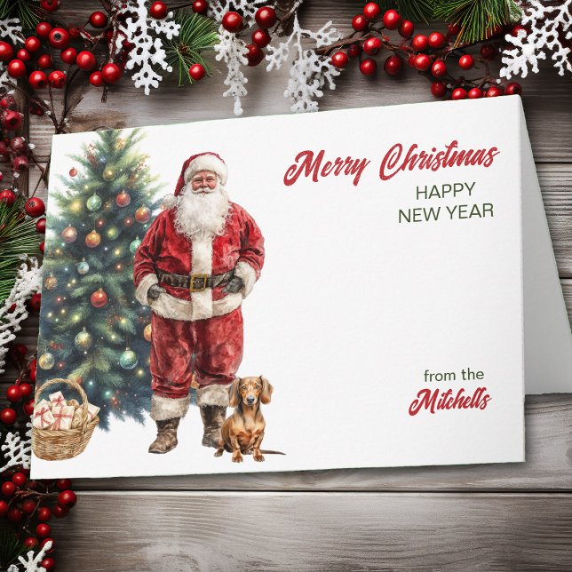 Santa Claus and Red Dachshund Dog Christmas Holiday Card (Creator Uploaded)