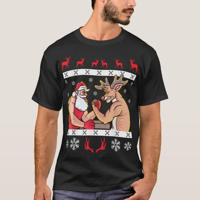 Santa Claus And Reindeer Arm Wrestling Ugly Christ T-Shirt (Front)