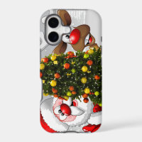 Santa claus and reindeer behind a christmas tree.j