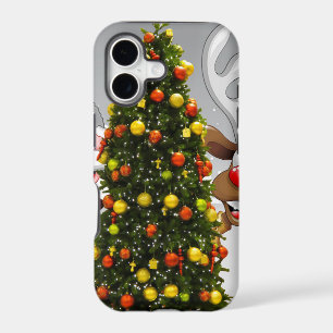 Santa claus and reindeer behind a christmas tree.j