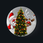 Santa claus and reindeer behind a christmas tree.j 6 cm round badge<br><div class="desc">christmas santa claus reindeer, 
frozen friends colourful funny , 
vintage magic snowflake art, 
2020 happy new year, 
joy gift snow flying, 
year new celebration deer, 
happy xmas winter holiday, 
bell merry cartoon illustration, 
fun animal party cute, 
reindeer christmas santa claus , </div>