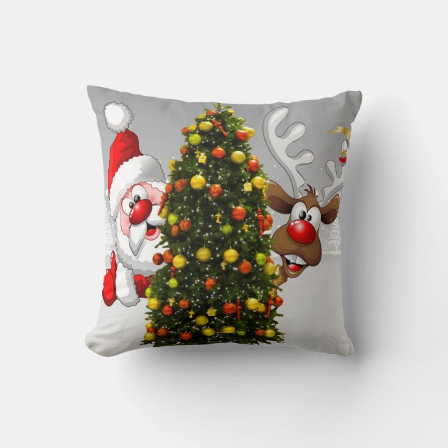 Santa claus and reindeer behind a christmas tree.j cushion (Front)