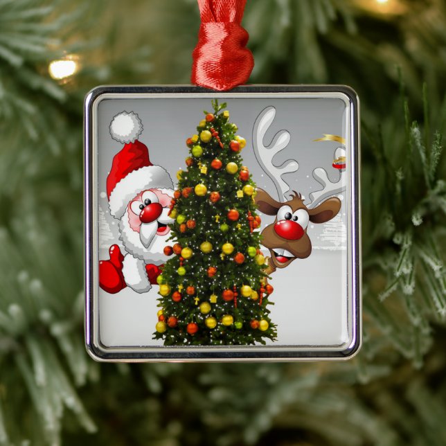 Santa claus and reindeer behind a christmas tree.j metal ornament (Tree)