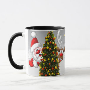 Santa claus and reindeer behind a christmas tree.j mug