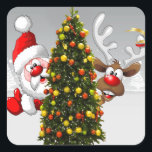 Santa claus and reindeer behind a christmas tree.j square sticker<br><div class="desc">christmas santa claus reindeer, 
frozen friends colourful funny , 
vintage magic snowflake art, 
2020 happy new year, 
joy gift snow flying, 
year new celebration deer, 
happy xmas winter holiday, 
bell merry cartoon illustration, 
fun animal party cute, 
reindeer christmas santa claus , </div>