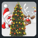 Santa claus and reindeer behind a christmas tree.j square sticker<br><div class="desc">christmas santa claus reindeer, 
frozen friends colourful funny , 
vintage magic snowflake art, 
2020 happy new year, 
joy gift snow flying, 
year new celebration deer, 
happy xmas winter holiday, 
bell merry cartoon illustration, 
fun animal party cute, 
reindeer christmas santa claus , </div>