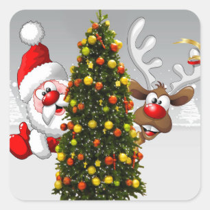 Santa claus and reindeer behind a christmas tree.j square sticker