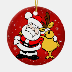 Santa Claus and Reindeer Cute Funny Christmas Ceramic Ornament