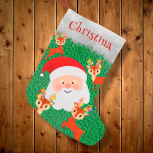 Santa Claus and Reindeer cute personalised name Small Christmas Stocking