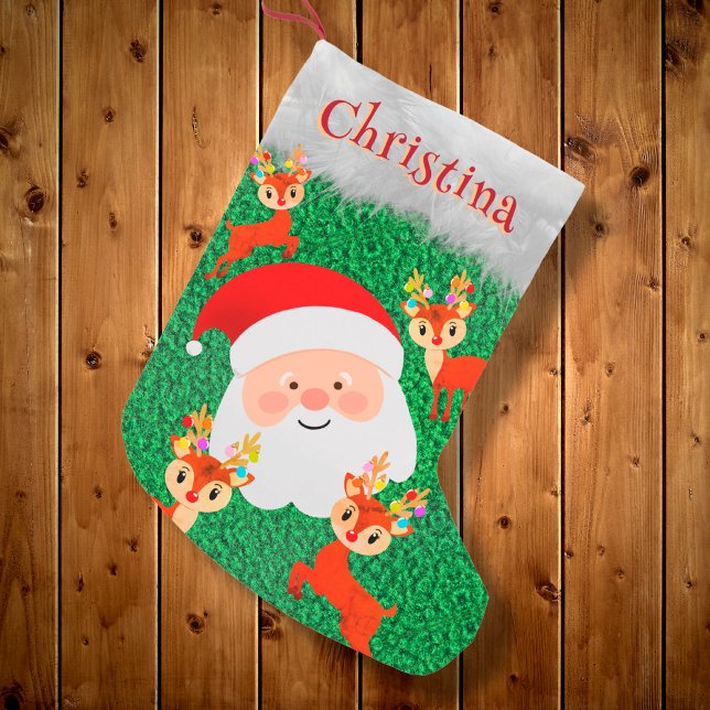 Santa Claus and Reindeer cute personalised name Small Christmas Stocking (Creator Uploaded)