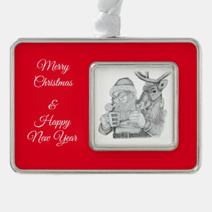 Santa Claus and Reindeer Silver Plated Framed Ornament