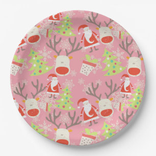 Santa Claus and Reindeer with Christmas Tree Paper Plate