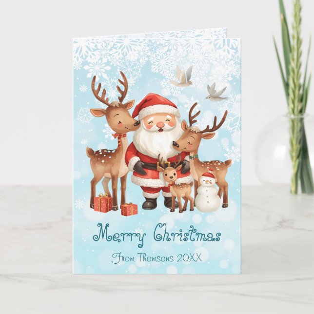 Santa Claus and reindeers whimsical Christmas Card (Front)