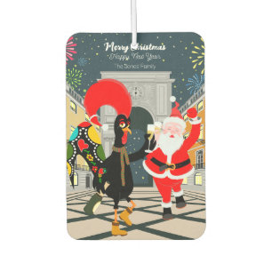 Santa Claus and Rooster Champagne Toast to New Yea Car Air Freshener