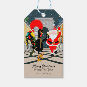 Santa Claus and Rooster Champagne Toast to New Yea Gift Tags