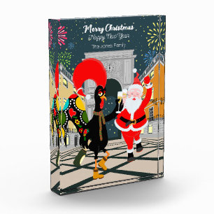 Santa Claus and Rooster Champagne Toast to New Yea Photo Block