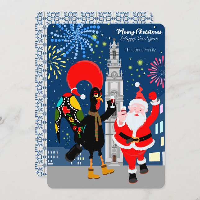 Santa Claus and Rooster toast to the New Year Card (Front/Back)