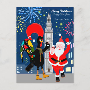 Santa Claus and Rooster toast to the New Year Postcard