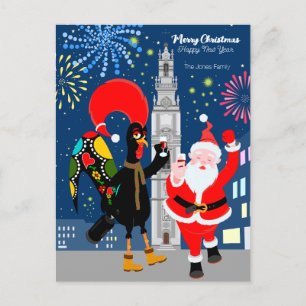 Santa Claus and Rooster toast to the New Year Postcard