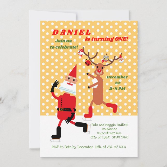 Santa Claus and Rudolph skating First Birthday  Invitation (Front)