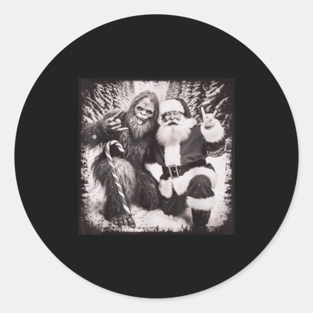 Santa Claus And Sasquatch Bigfoot Funny Joyful Sno Classic Round Sticker (Front)