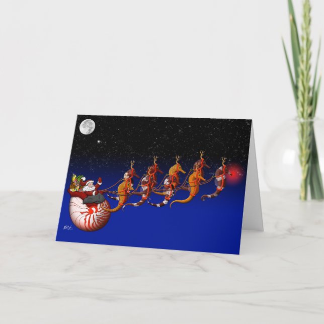 Santa Claus and Seahorse Sleigh Greeting Card (Front)