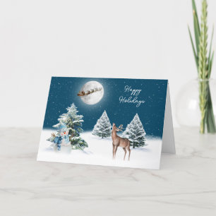 Santa Claus and Sleigh Deer In Moonlight Card
