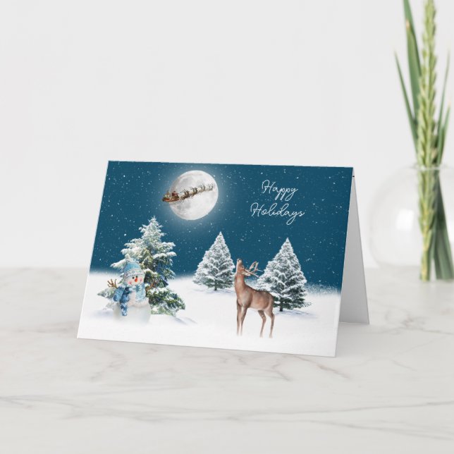 Santa Claus and Sleigh Deer In Moonlight Card (Front)