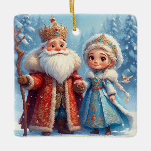 Santa Claus and Snow Maiden Celebrating Christmas Ceramic Ornament