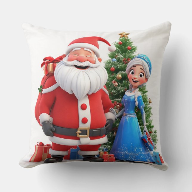 Santa Claus and Snow Maiden Celebrating Christmas Cushion (Front)