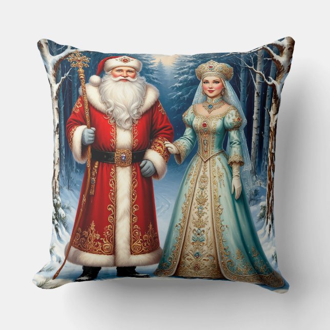 Santa Claus and Snow Maiden Celebrating Christmas Cushion (Front)