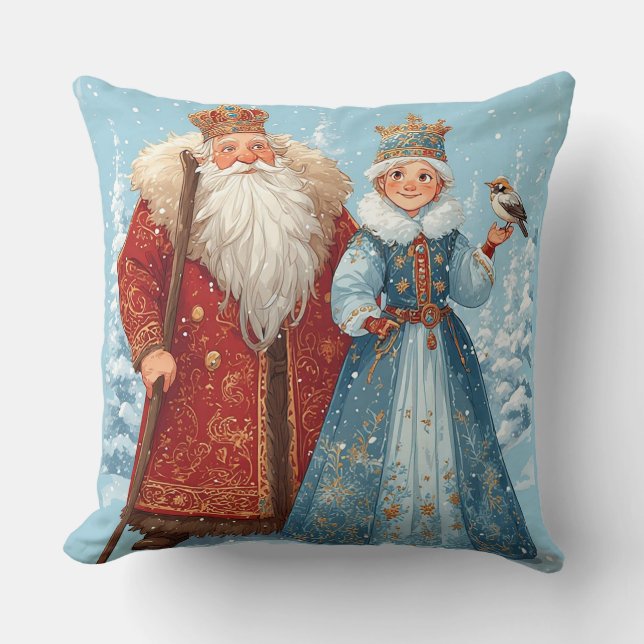 Santa Claus and Snow Maiden Celebrating Christmas Cushion (Front)
